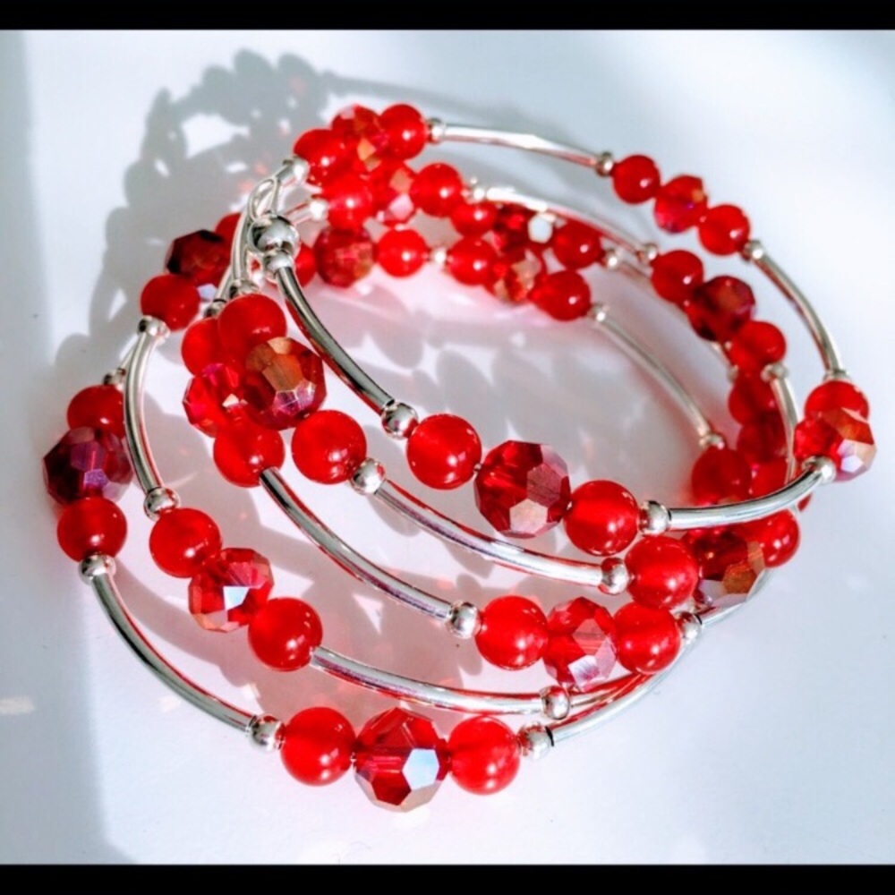 Red crystal beaded memory wire bracelet